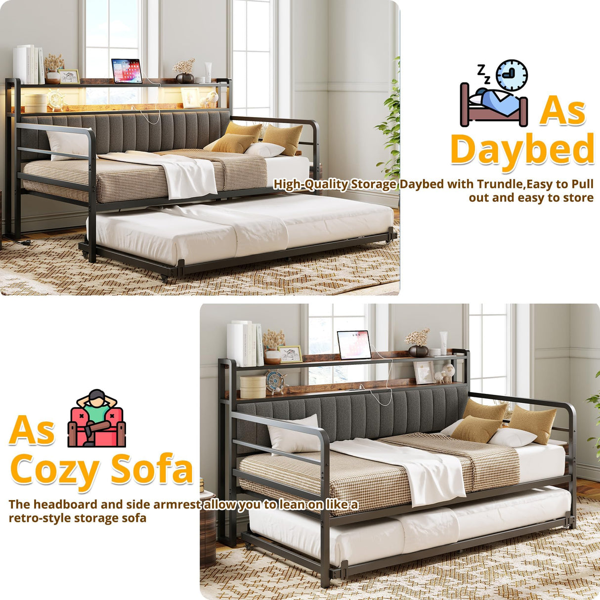 ANCTOR Daybed with Trundle, LED Lights and Charging Station, Full Size Daybed with 2-Tier Storage Shelves and Upholstered Headboard, Metal Sofa Bed Frame for Living Room, Bedroom, Black ANCTOR