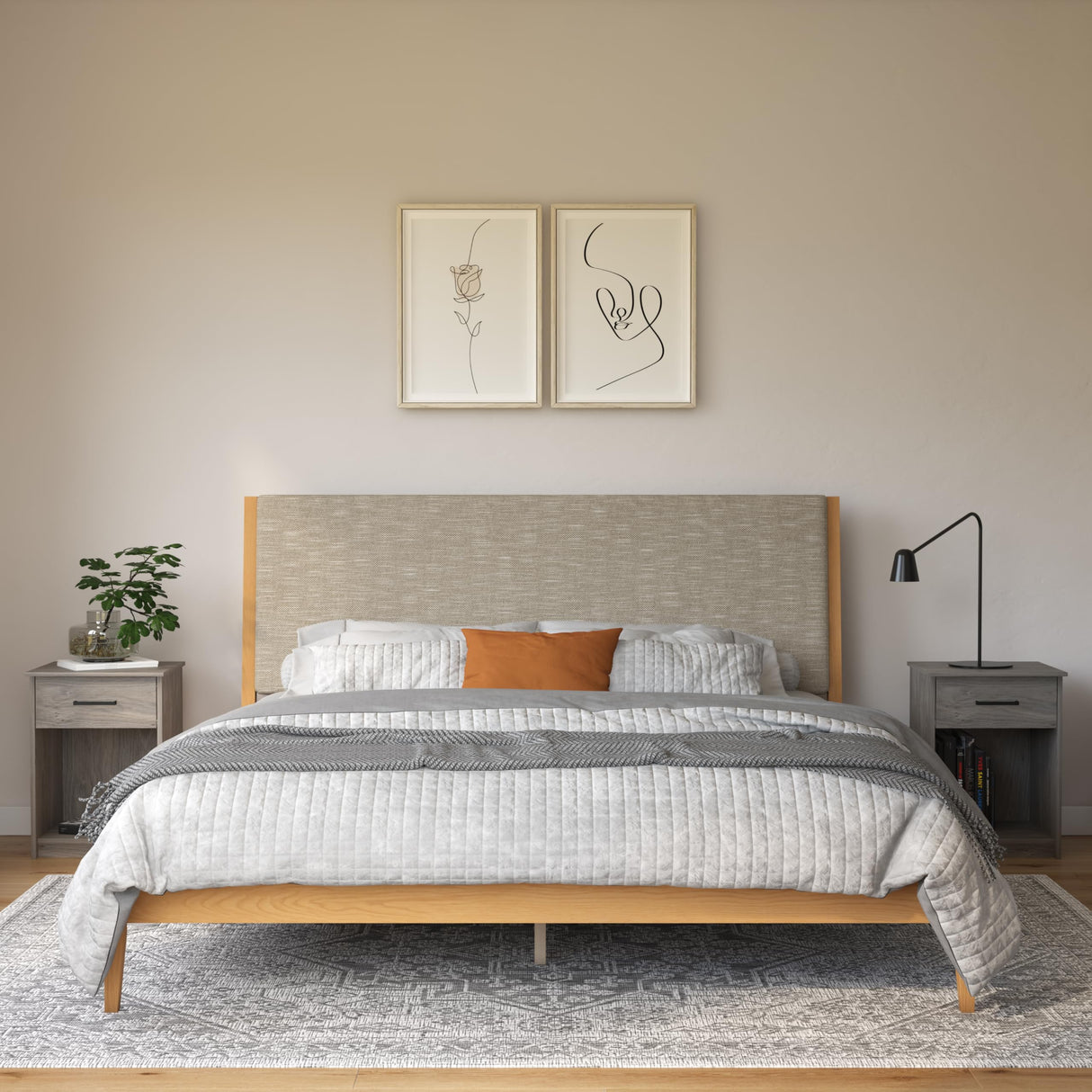 DHP Dacin Wood Bed Frame with Upholstered Headboard, King, Beige Linen DHP