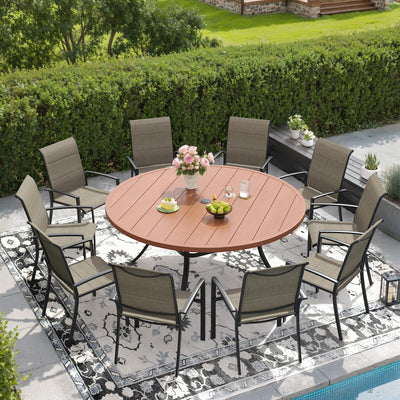 DIFY 11 Pieces Outdoor Patio Dining Set, 10 Brown Stackable Padded Textilene Dining Chairs and 60" Walnut Round Metal Dining Table, Outdoor Table and Chairs for Lawn Garden Backyard Deck