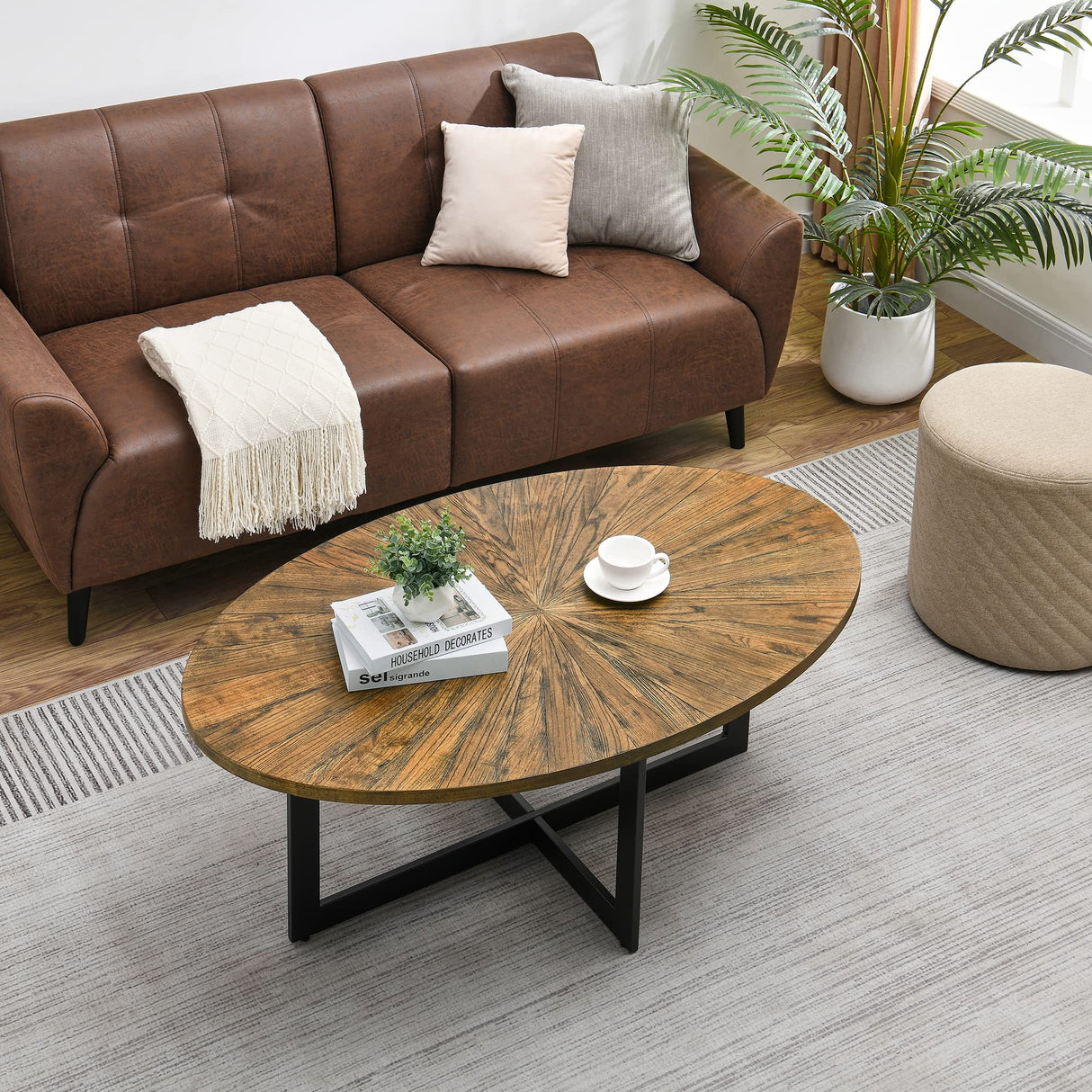 Oval Coffee Table for Living Room, Solid Wood Coffee Tables and Metal Legs, Mid Century Modern Coffee Table, Designed Home Furniture, Center Large Coffee Table, Brown Tea MIAUWUUFHOME
