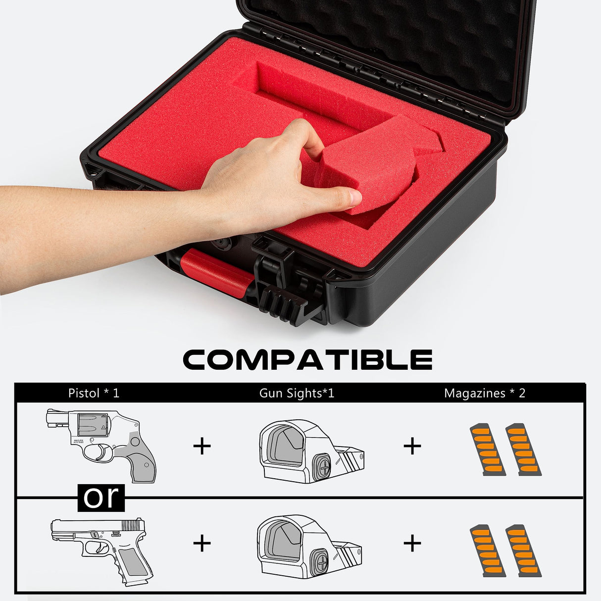 Kinghardcase Tactical Hard Gun Case DIY Water & Shock Proof With Foam TSA Approved Waterproof Hard Case for Pistol Accessories 11.4 * 9.4 * 4.5in1 Kinghardcase