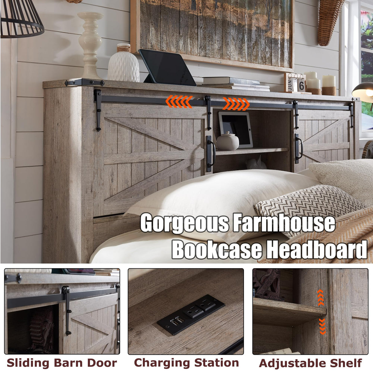 Farmhouse Queen Bed Frame with Bookcase Headboard, Sliding Barn Doors, and Storage in Light Rustic Oak T4TREAM