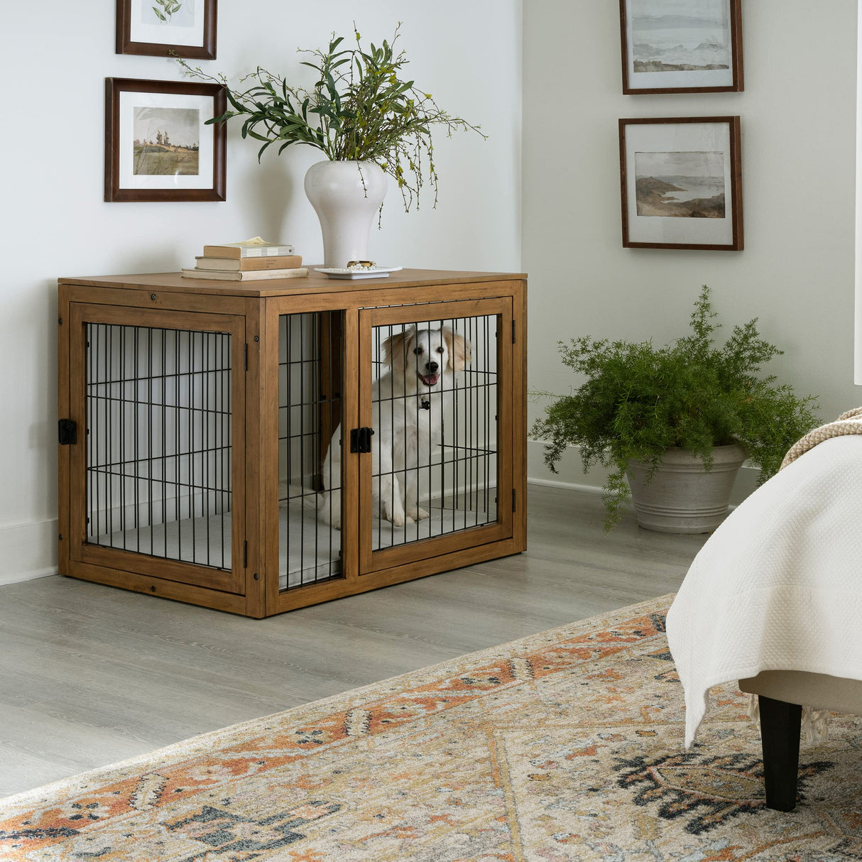 Furniture-Style Dog Crate - Acacia Wood Kennel for Large Dogs with Double Doors and Cushion - Dog Kennel Furniture by PETMAKER (Natural) PETMAKER