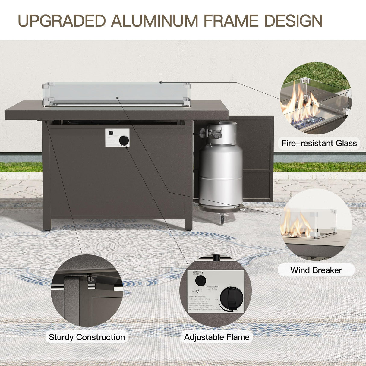 Trumbeak Aluminum Patio Furniture Set with 55,000 BTU Propane Fire Pit Table,6 Seats Metal Modern Outdoor Furniture w/5.1" Cushions,Patio Sectional w/Fire Pit for Patio,Backyard,Grey Trumbeak