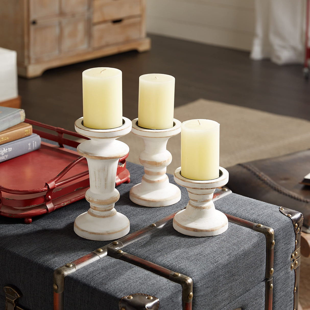 Deco 79 Wood Decorative Candle Holder Candle Stand, Set of 3 Candlestick Holder 8", 6", 4"H, White Deco 79