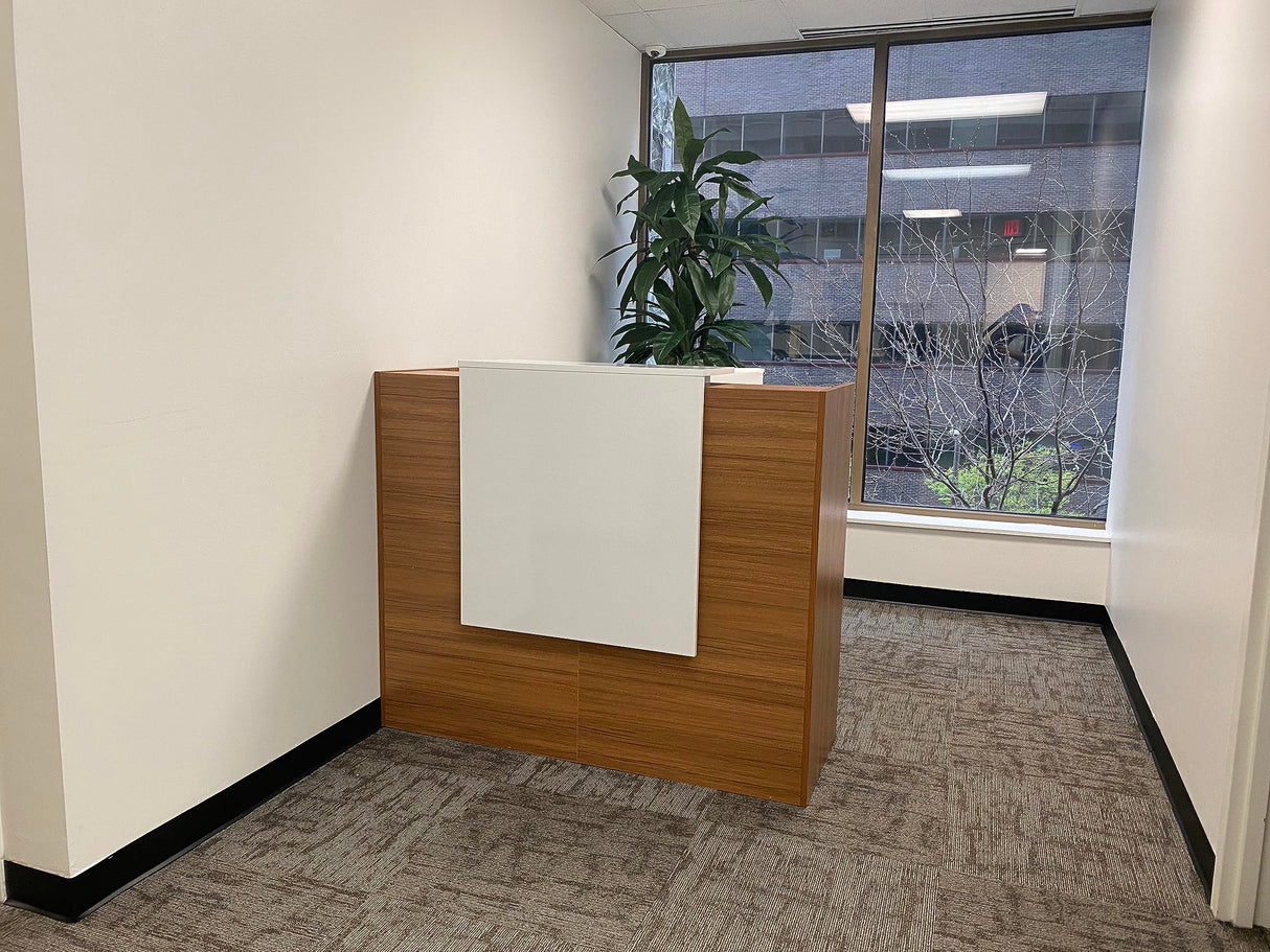 UGOS ICN 53" Modern Reception Desk, Multifunctional Modern,Transaction Countertop, Laminate Desktop, Standing Front Table for Office, Home, School, Salon, Spa - Teak and White UGOS