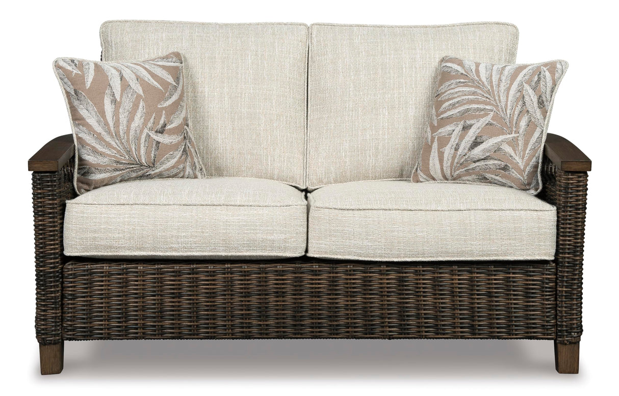 Signature Design by Ashley Paradise Trail Outdoor Loveseat with All Weather Cushions, Medium Brown Signature Design by Ashley