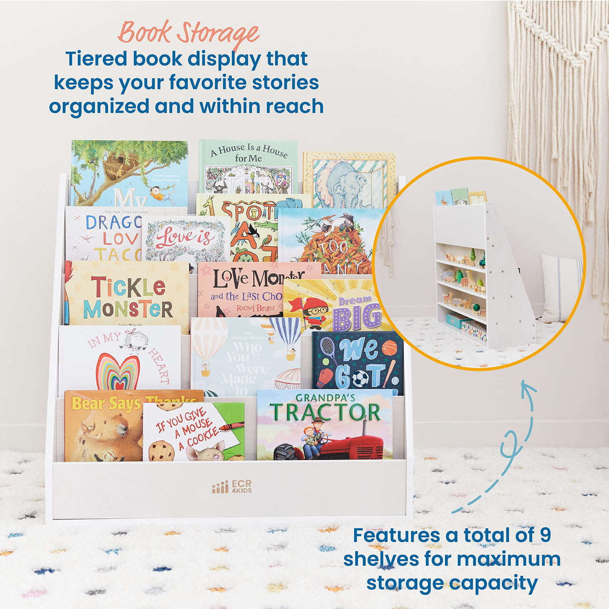 ECR4Kids Streamline Single-Sided Book Display with Storage, Classroom Bookshelf, White Wash ECR4Kids