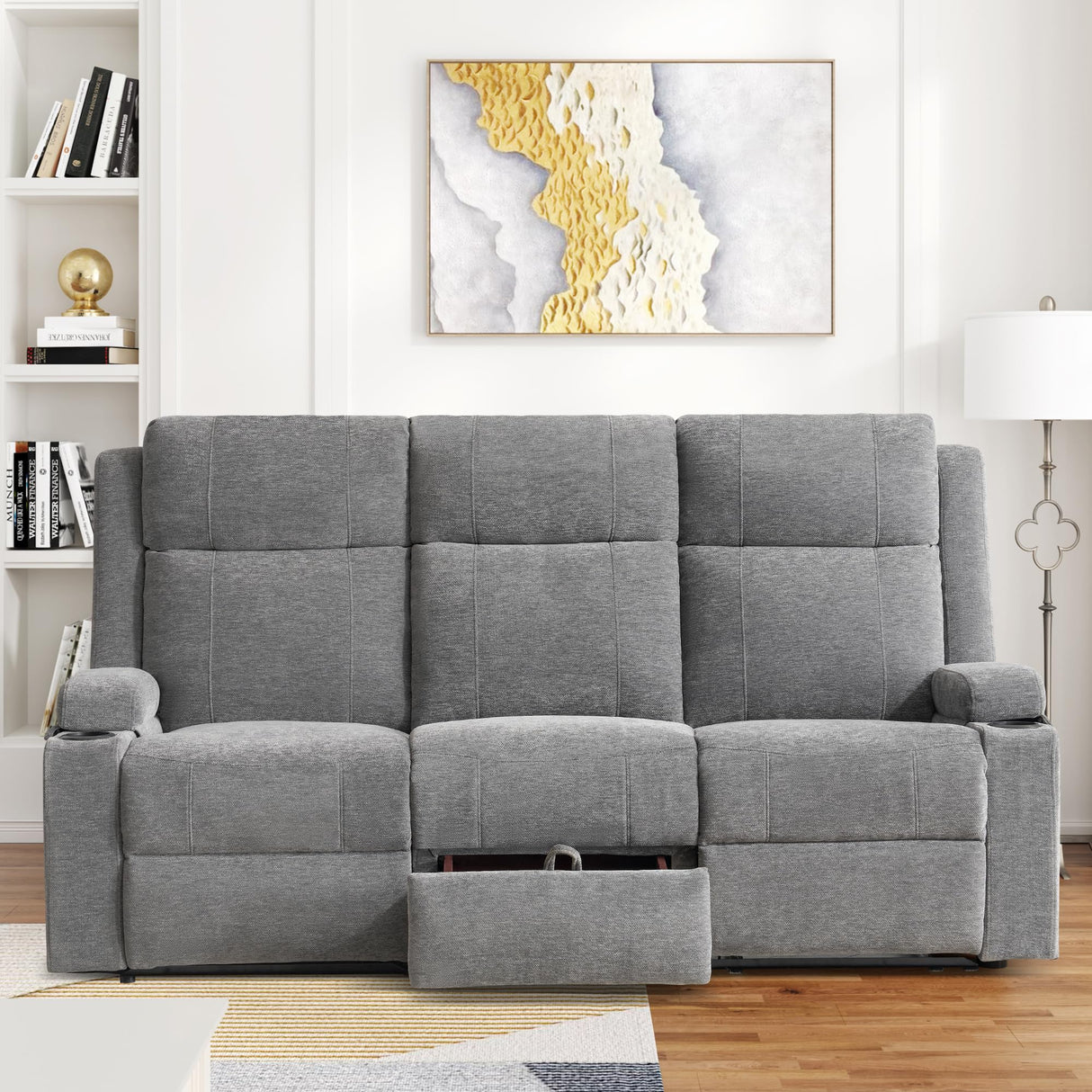 75'' Manual Reclining Sofa with Storage Drawer, 3 Seat Wall Hugger Recliner Couch with Cup Holders, Side Pockets, Chenille Fabric, Compact 3-Person Recliner for RV, Living Room, Apartment (Grey) LURVIA