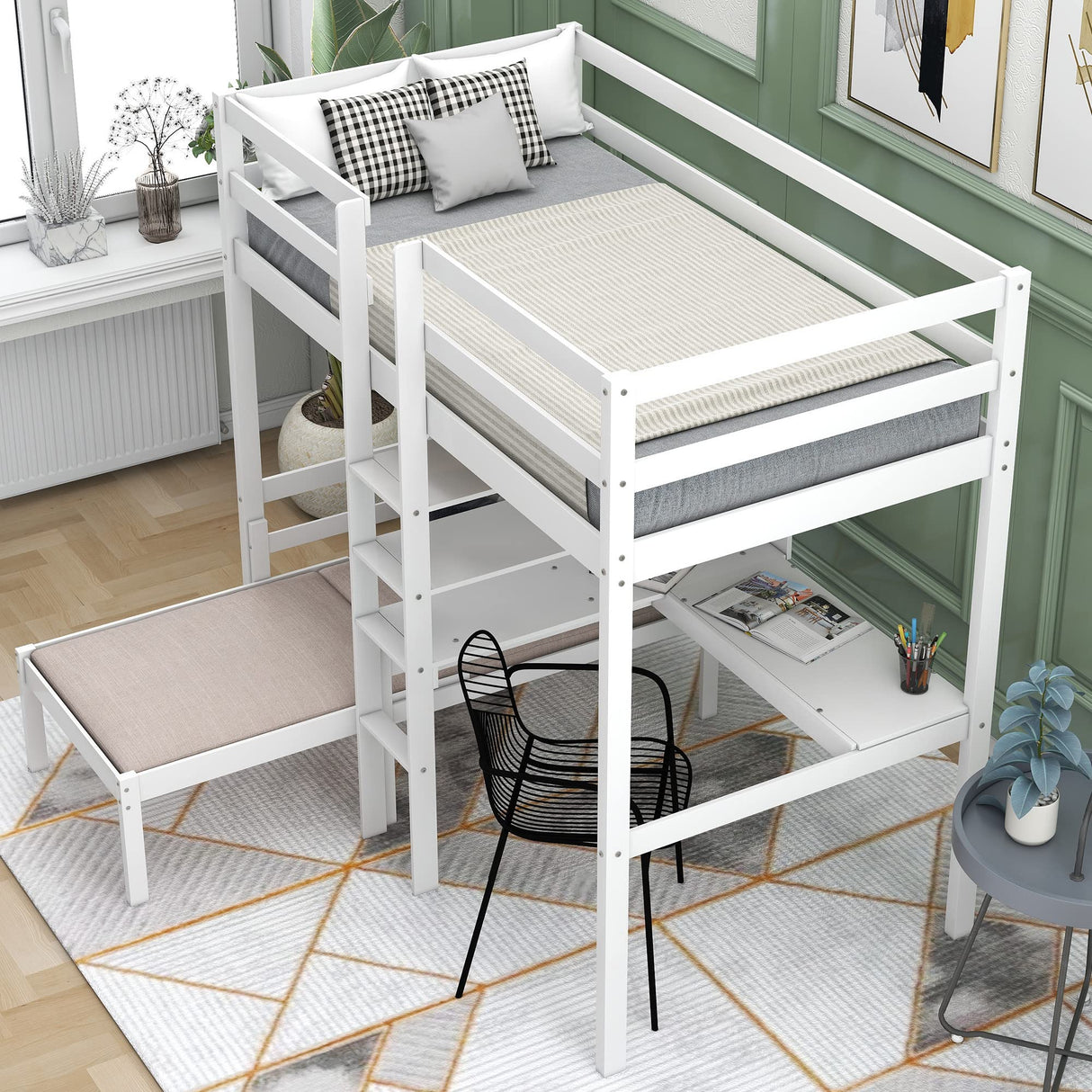 Harper & Bright Designs Twin Loft Bed with L-Shaped Desk, Convertible Loft Bed Frame, Twin Bunk Bed with Shelves and Ladder (White, Twin Loft with Desk) Harper & Bright Designs