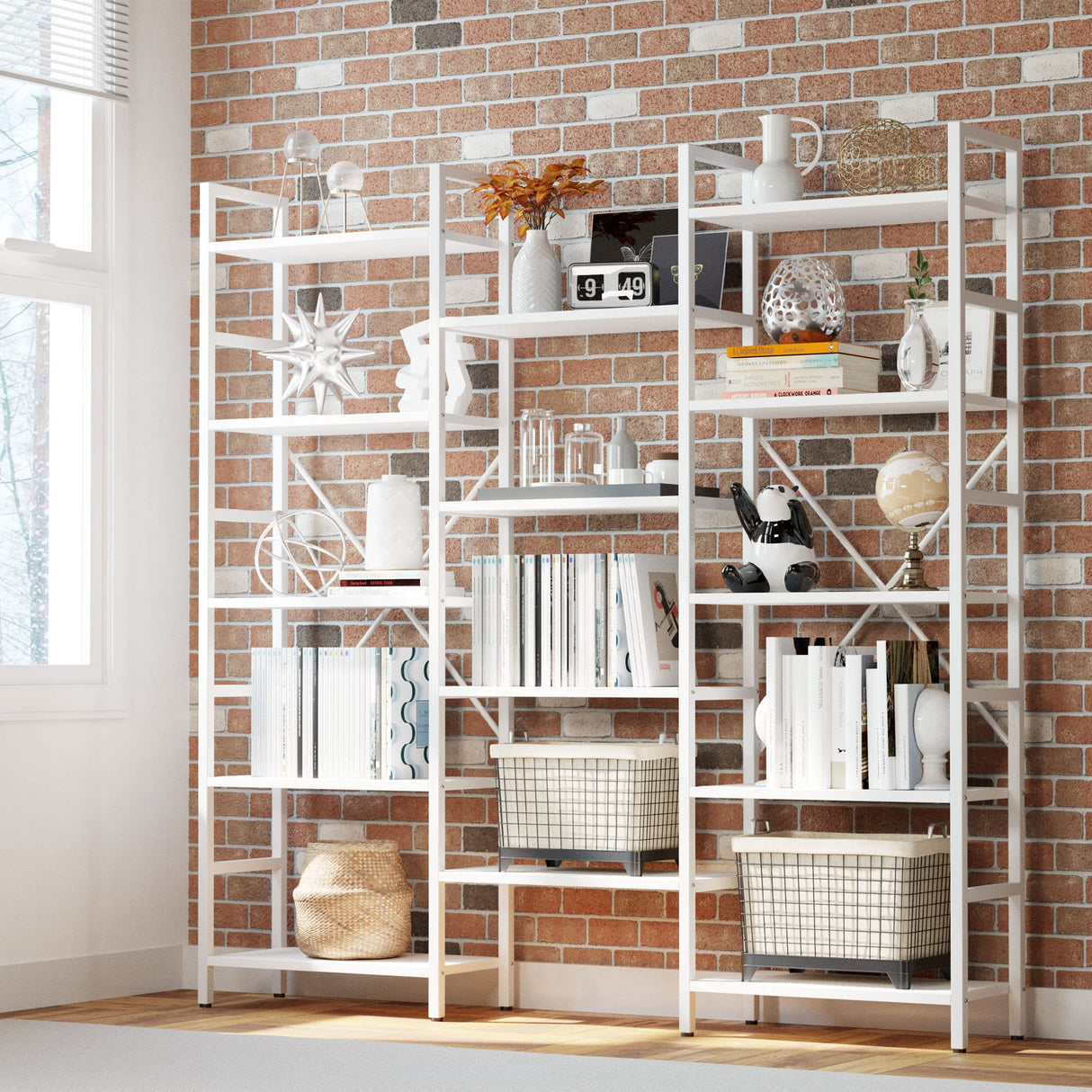 IRONCK Bookcases and Bookshelves Triple Wide 5 Tiers Industrial Bookshelf, Large Etagere Bookshelf Open Display Shelves with Metal Frame for Living Room Bedroom Home Office IRONCK