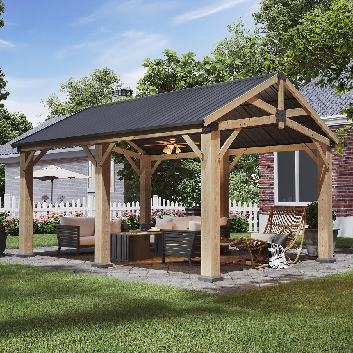 Aoxun 12' x 16' Outdoor Wood Gazebo, Hardtop Gazebo Permanent Wooden Pavilion with Galvanized Steel Gable Roof, for Patio, Garden, Deck, Cedar Wood Aoxun