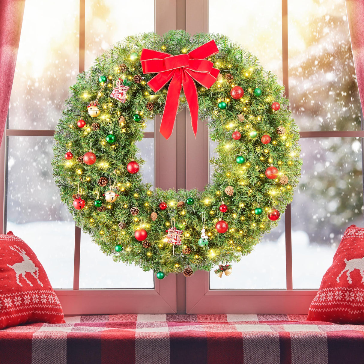 Yaheetech 48in Large Artificial Christmas Wreath, Pre-lit Holiday Accent Decoration with Red Bow, 200 LED Lights & 720 PVC Tips, Metal Structure for Door Wall & Mantel Yaheetech