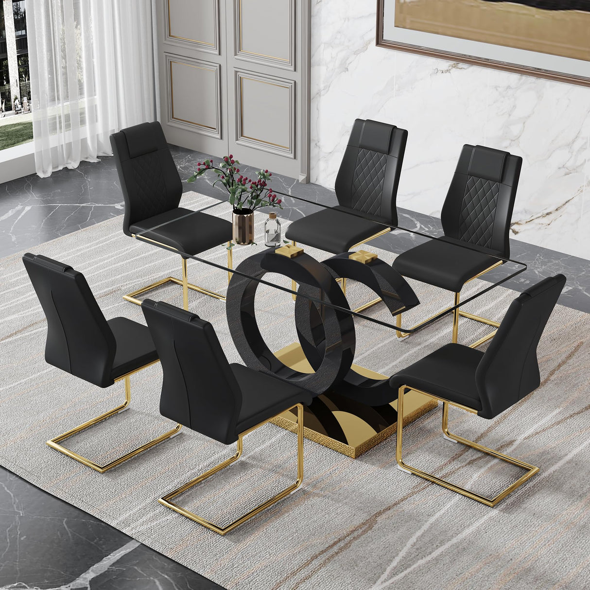 Ebullient Modern Dining Table Set for 6 ,7 Piece Dining Table Chairs Set for 6,Glass Table Top and Gold Base,Rectangular Dining Room Table with 6 Black PU Leather Upholstered Dining Chairs for Kitchen Ebullient