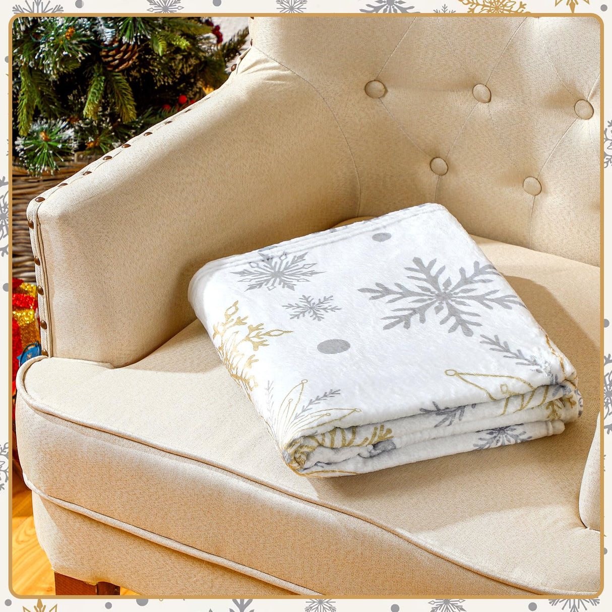 Buryeah 50'' x 60'' Winter Snowflake Throw Blanket White Let It Snow Blanket Plush Warm Gold Silver Christmas Winter Decor for Sofa Couch Bed Buryeah