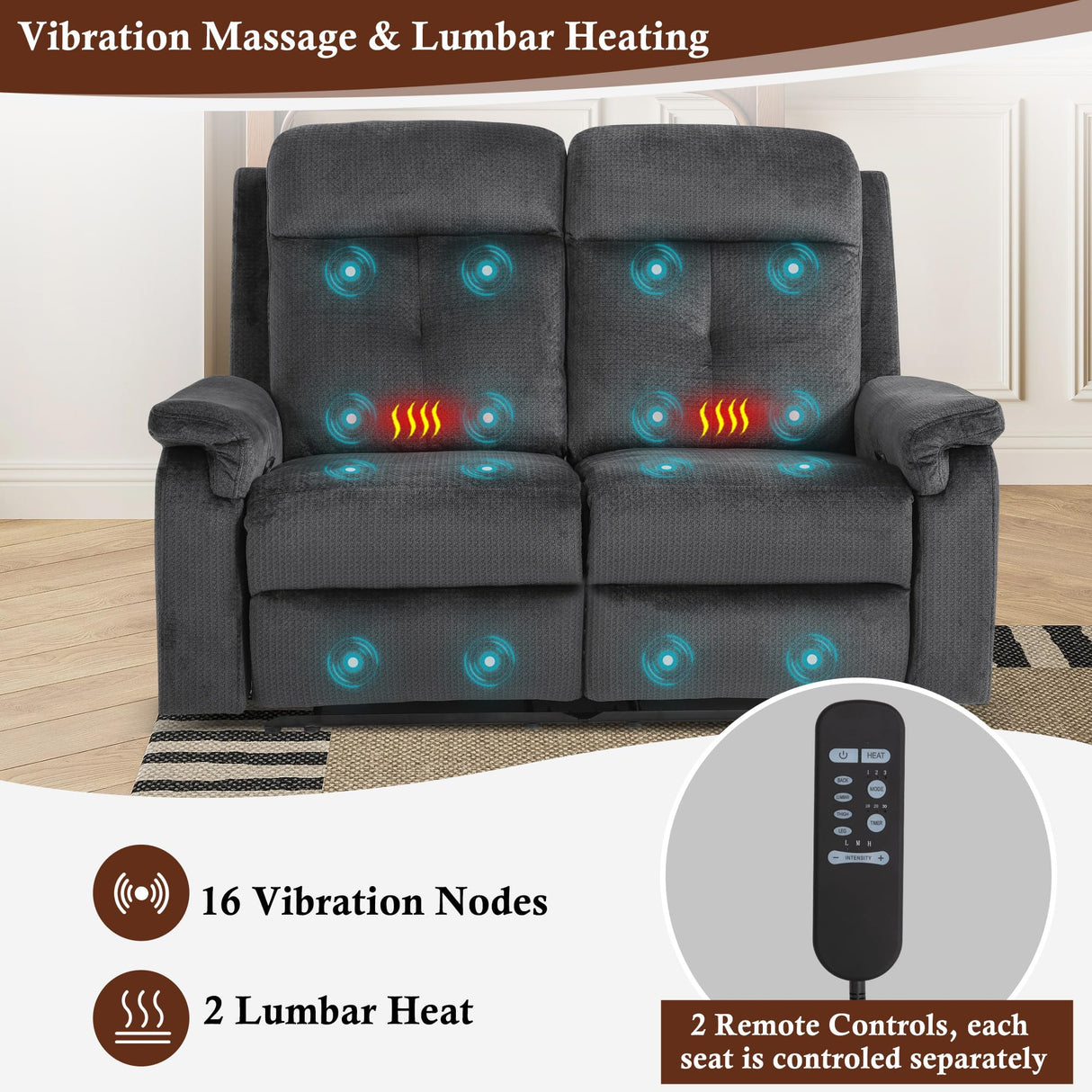 GUEAPY Loveseat Recliner Sofa-Double Recliner Loveseat with Heat and Massage,2 Seater Reclining Couch,Manual Reclining Loveseat with Pockets, Infinite Position for Living Room,Bedroom GUEAPY