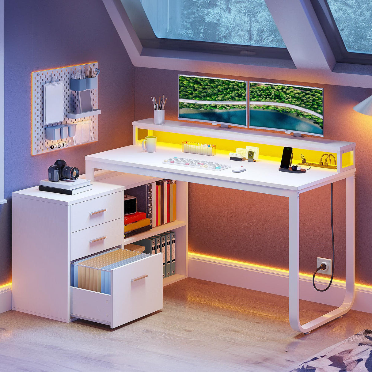 DWVO L Shaped Desk with Drawers, 55" Corner Computer Desk with Power Outlets & LED Lights, Home Office Desk with File Cabinet, White DWVO