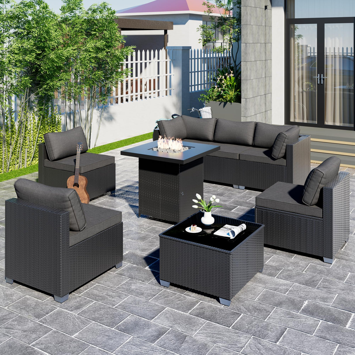 8-Piece Outdoor Patio Sectional Sofa Set with Fire Pit Table – PE Wicker Rattan Modular Conversation Furniture, Cushions & Clips Included – Patio Couch for Porch, Backyard, Poolside, Garden ELEGIBLISS