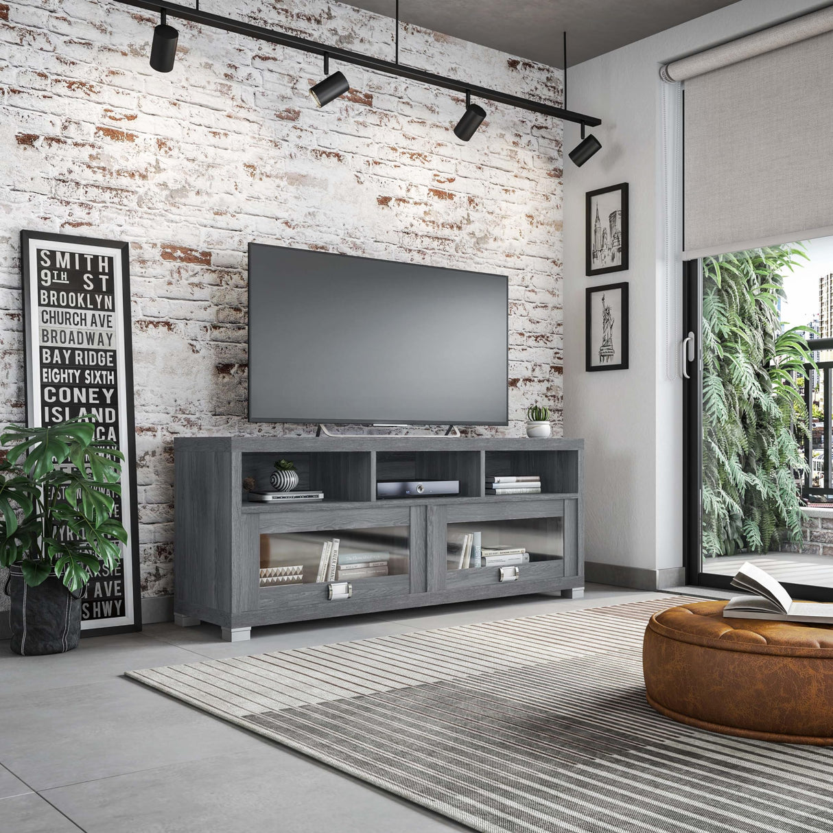 65” TV Stand with Storage & Glass Display Cabinets, Grey TV Stand for Living Room or Bedroom with Cable Management, Fits Screens up to 65 Inches When Measured Diagonally, Grey Techni Mobili