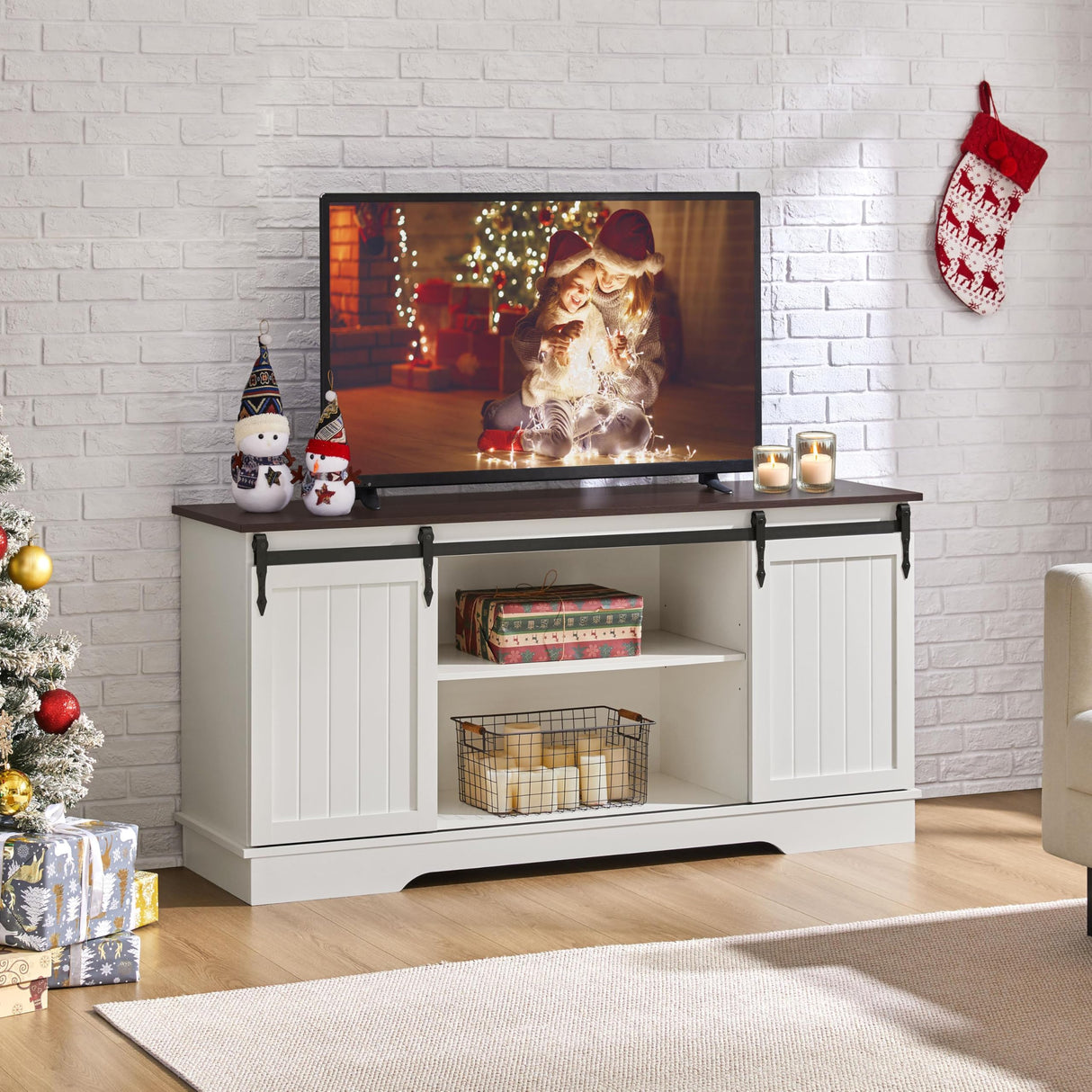 Yaheetech TV Stand for 65 Inch TV, Farmhouse Entertainment Center with Sliding Barn Doors, TV Media Console for Living Room, Bedroom, White & Espresso Yaheetech