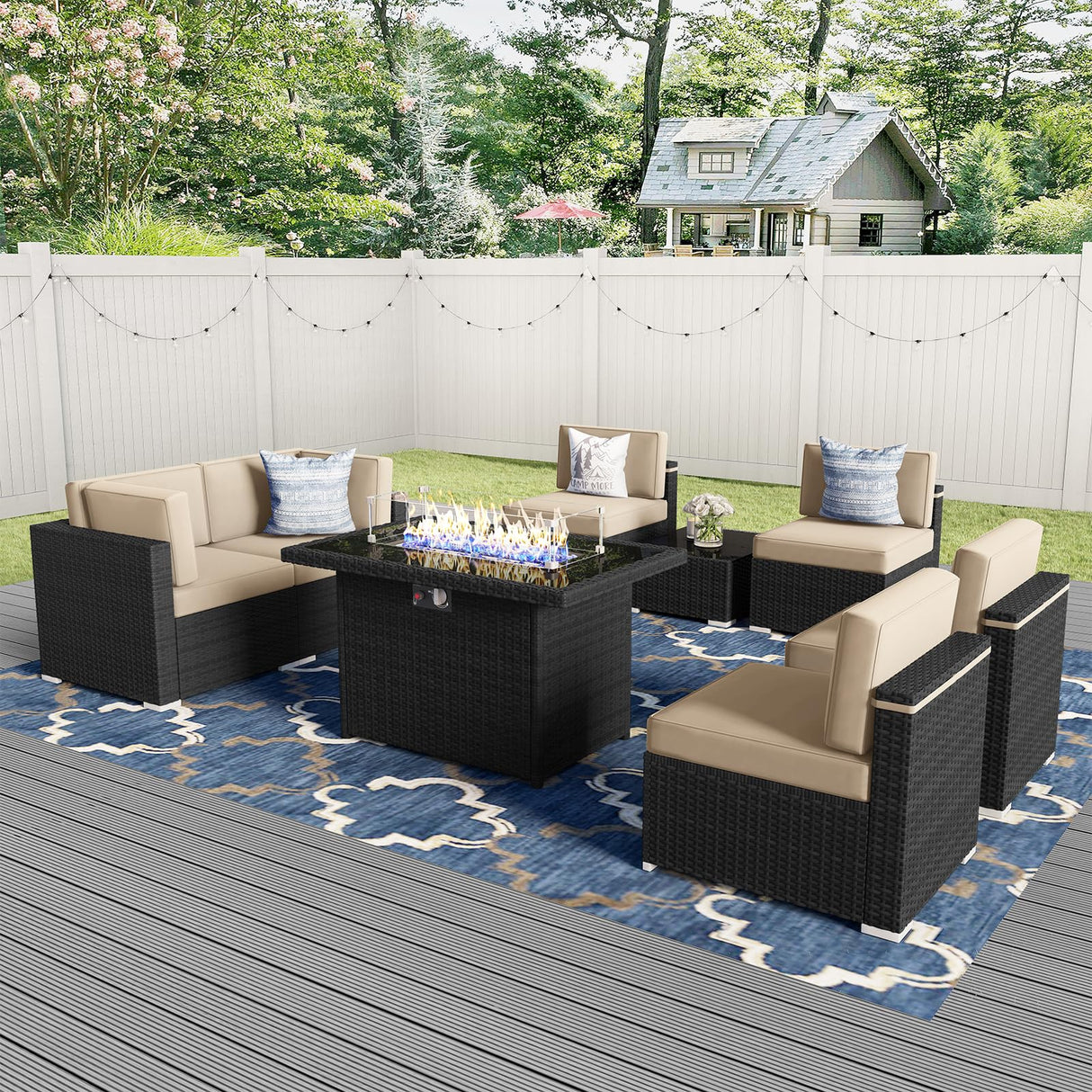 Vakollia 8 Pieces Patio Furniture Set with 44" Propane Gas Fire Pit Table, Outdoor Sectional Wicker Conversation Sofa Sets with Coffee Table Vakollia