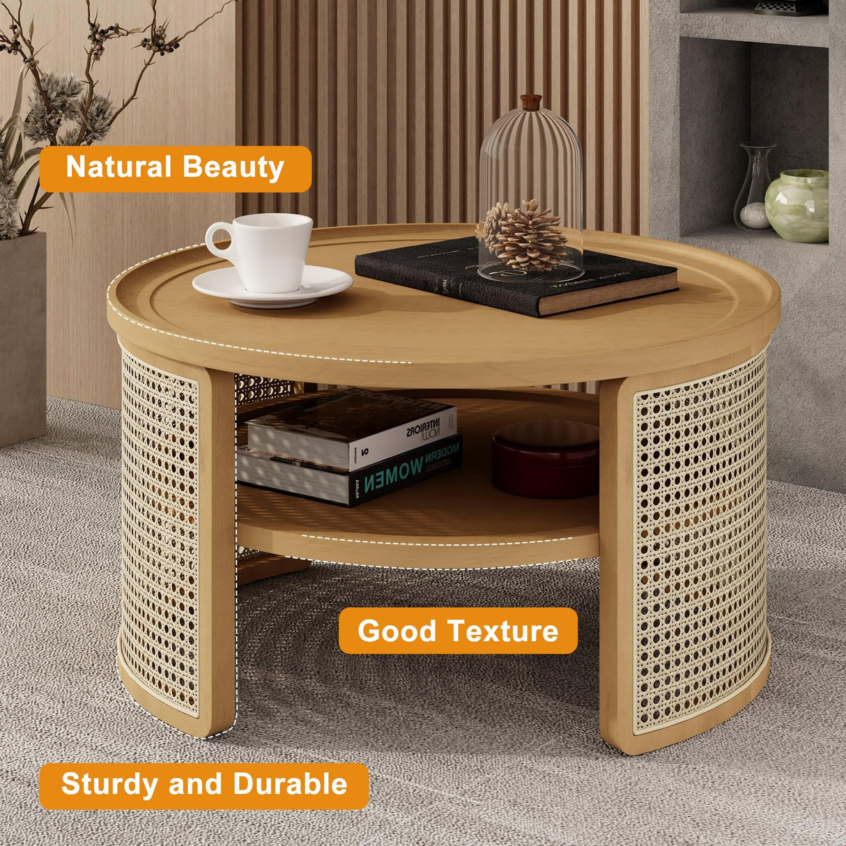 GDFStudio 31.5" Modern Round Coffee Table, 2-Tier Natural Wood Coffee Tables with Rattan Storage Base, Curved Edge Design Boho Center Table for Living Room Bedroom Office Cafe, Natural