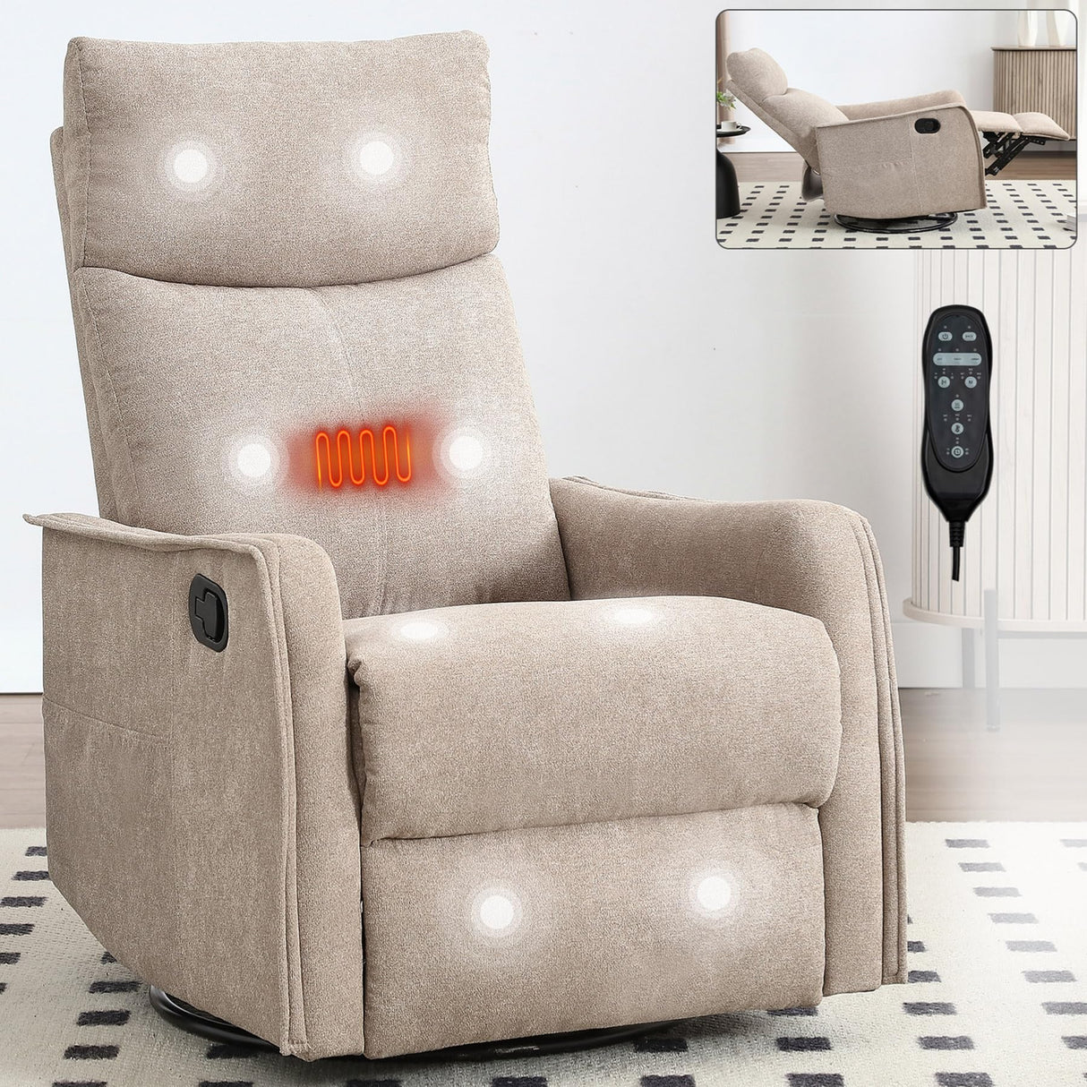 Massage Chair Recliner with Heat, Swivel Rocking Chair Recliner with High Back, Manual Lazy Boy Recliners for Adults,Small Recliner Chair for Small Spaces, Living Room Bedroom, Fabric (Khaki) Thctvous