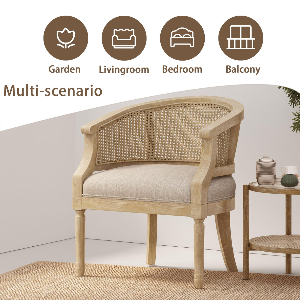 NoeBanJe Mid Century Accent Chair, Armchair with Curved Backrest and Upholstered, Reading Chair with Vintage Rattan Hollow Out, for Living Rooms, Bedrooms, Farmhouses, Balconies (Beige) NoeBanJe
