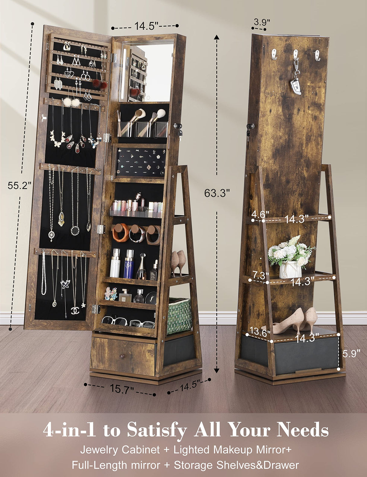 Nicetree 360° Swivel Jewelry Cabinet with Lights, Touch Screen Vanity Mirror, Rotatable Full Length Mirror with Jewelry Storage, Standing Jewelry Armoire Organizer, Christmas Gifts, Rustic Brown Nicetree