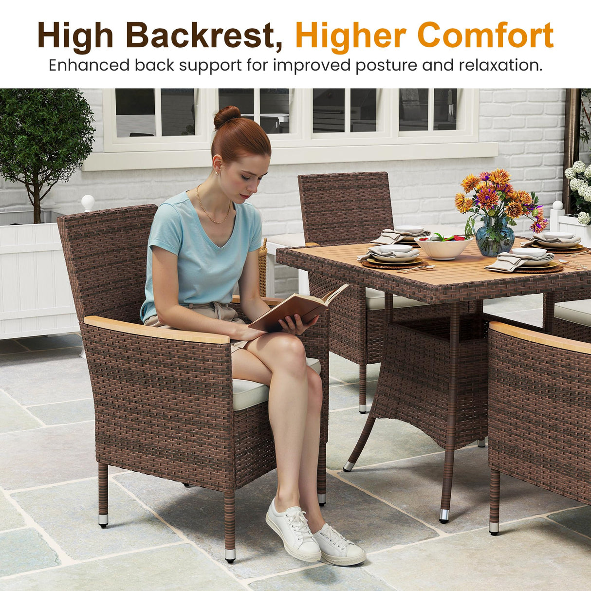 Wisteria Lane Patio Dining Sets for 8, All Weather Rattan Outdoor Table and Chairs with Acacia Wood Tabletop, Patio Dining Furniture with Removable Cushions for Deck Garden, Backyard, Brown Wisteria Lane