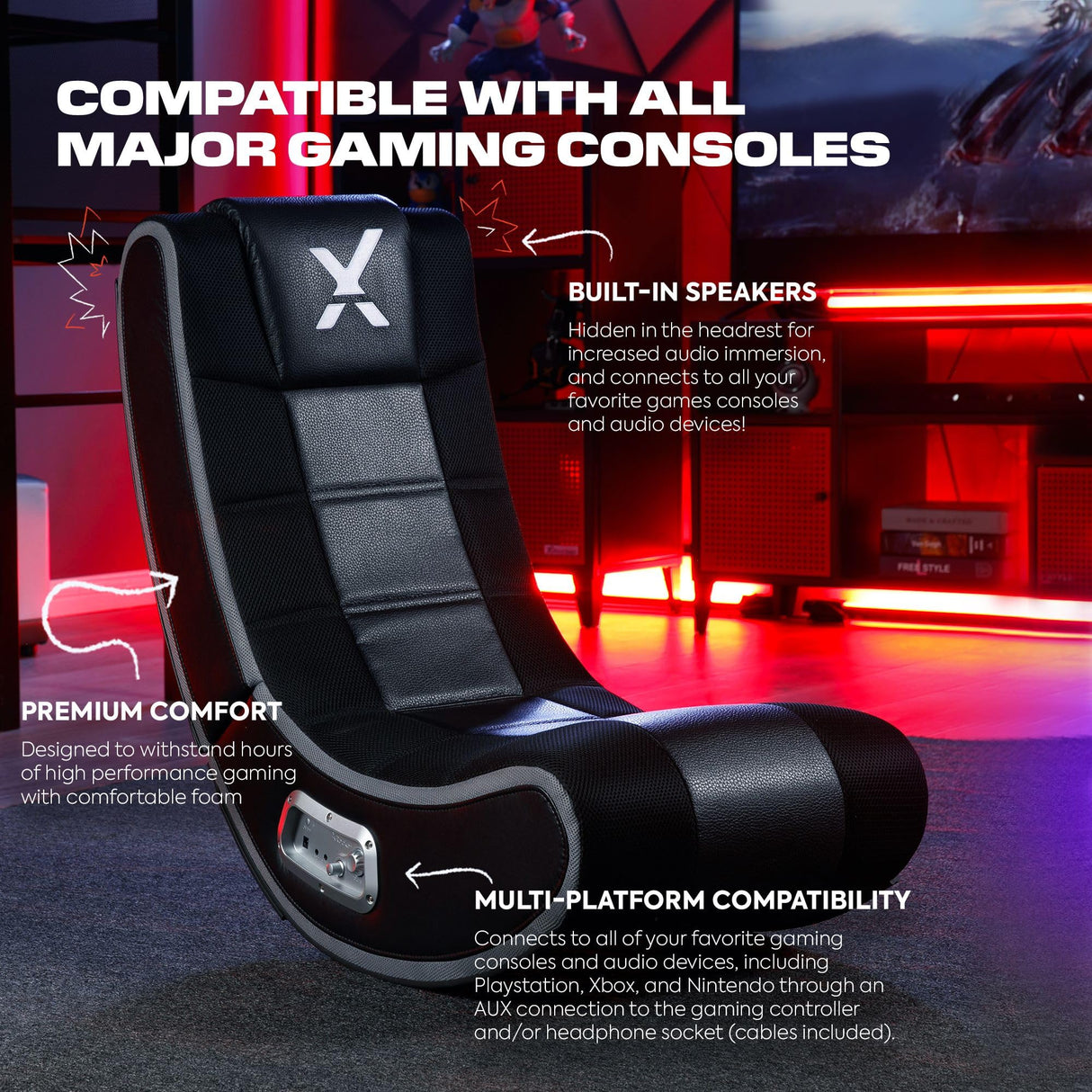 X Rocker SE 2.1 Video Gaming Floor Chair, with 2 Speakers, Subwoofer, Padded Headrest, Bluetooth, Foldable, 5130301, 25.2" x 18.4" x 16.4", Amazon Exclusive, Black X Rocker