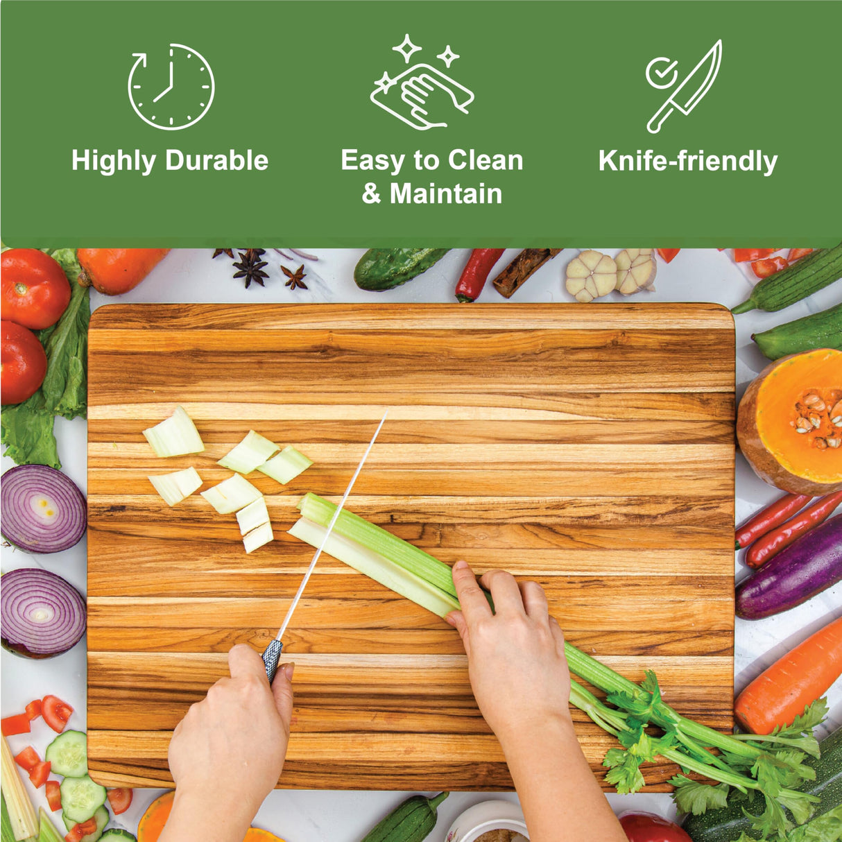 BEEFURNI Teak Wood Cutting Board with Hand Grip, Wooden Cutting Boards for Kitchen Medium, Chopping Board Wood, Reversible, Kitchen Gifts, 1-Year BEEFURNI