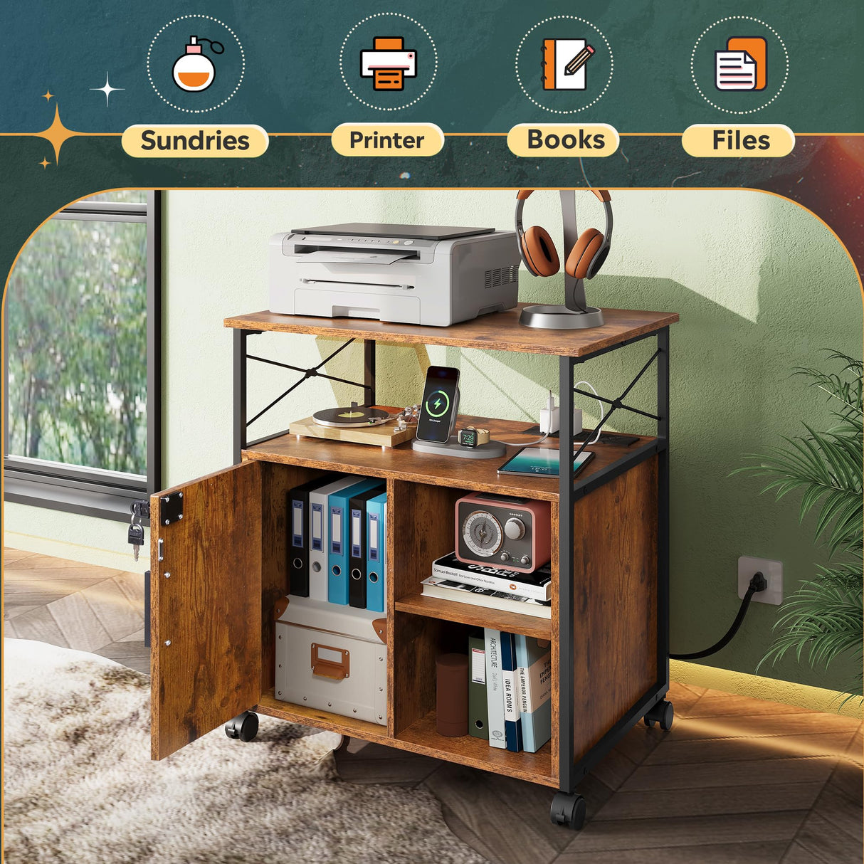 DEVAISE File Cabinet with Charging Station, Lockable Lateral Filing Cabinets for Home Office, Printer Cabinet Accommodates A4/Letter Size File folders, Rustic Brown DEVAISE