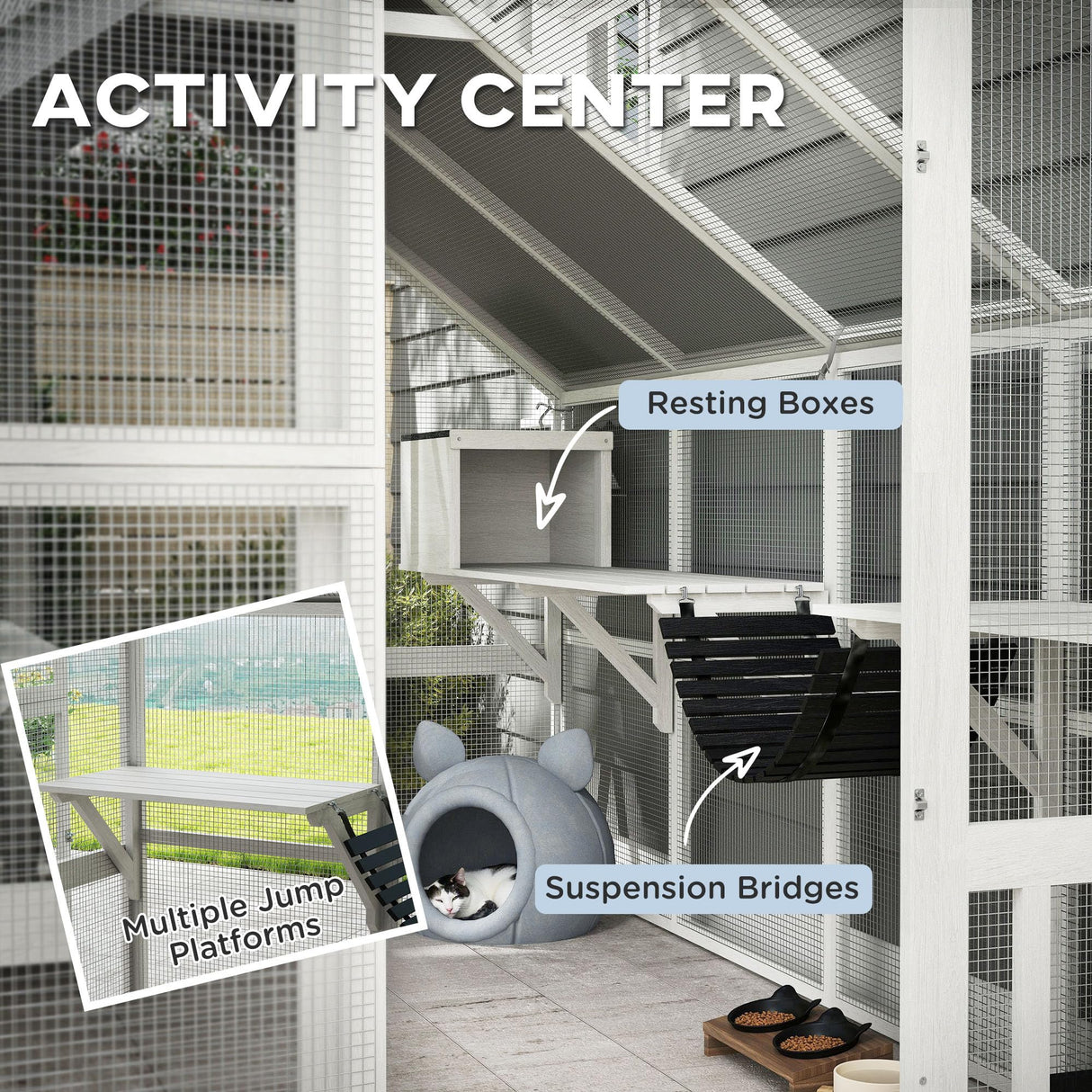 PawHut Large Catio Outdoor Cat Enclosure for Multiple Kittens, Wooden Cat House with Waterproof Cover, Walk in Kitty Cage Kennel with 2 Condos, 6 Platforms, Bridge, Doors, 110" x 73" x 74", White PawHut