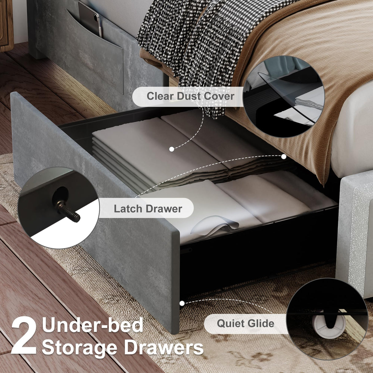 Torana Queen LED Bed Frame with 2 Drawers, Soft Velvet Platform Bed with Diamond Tufted Headboard Footboard and 2 Side Pockets, Mattress Foundation with Wooden Slats Support No Box Spring Needed, Grey Torana