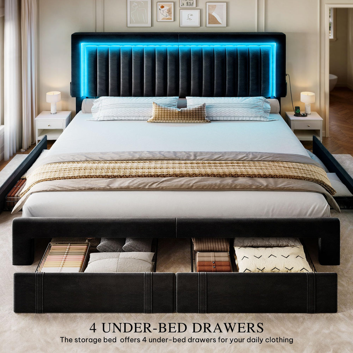 DWVO King Size Bed Frame with Adjustable Headboard, 4 Storage Drawers and RGB LED Lights, Velvet Upholstered Platform Bed with USB Ports, No Box Spring Needed, Fast Assembly, Noise-Free, Black DWVO