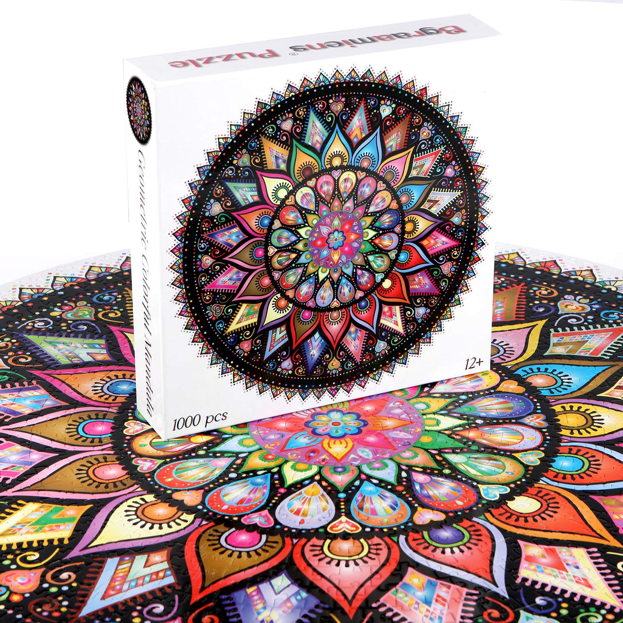 Bgraamiens Puzzle-Geometric Colorful Mandala-1000 Pieces Creative Geometric Round Blue Board Colorful Mandala Jigsaw Puzzle Bgraamiens