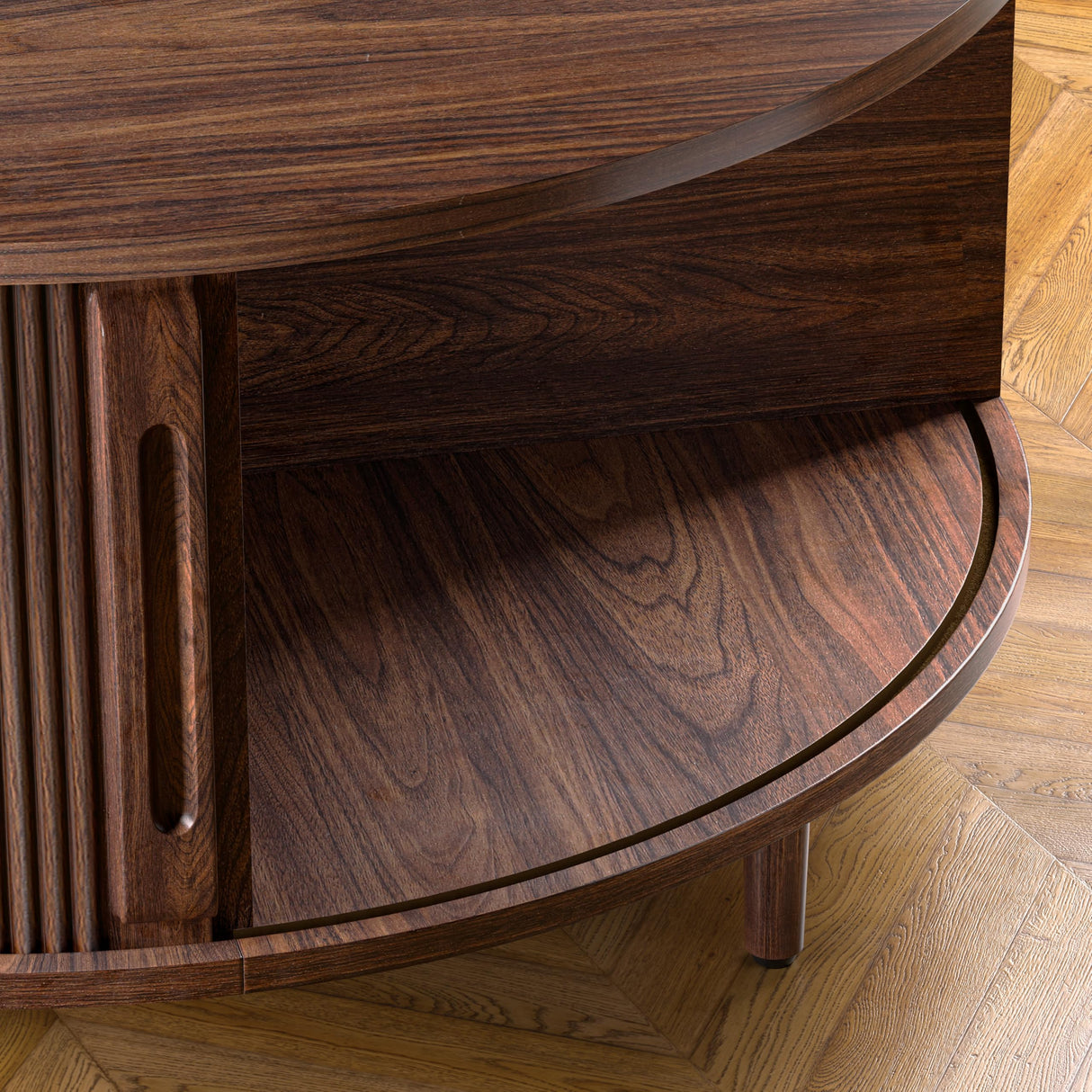 Round Coffee Table, 31.5" Fluted Center Table with Storage, Lift-Top Coffee Table with Adjustable Footpads, Sliding Door, Mid-Century Modern Center Table for Living Room, Small Space (Walnut) BEROXII