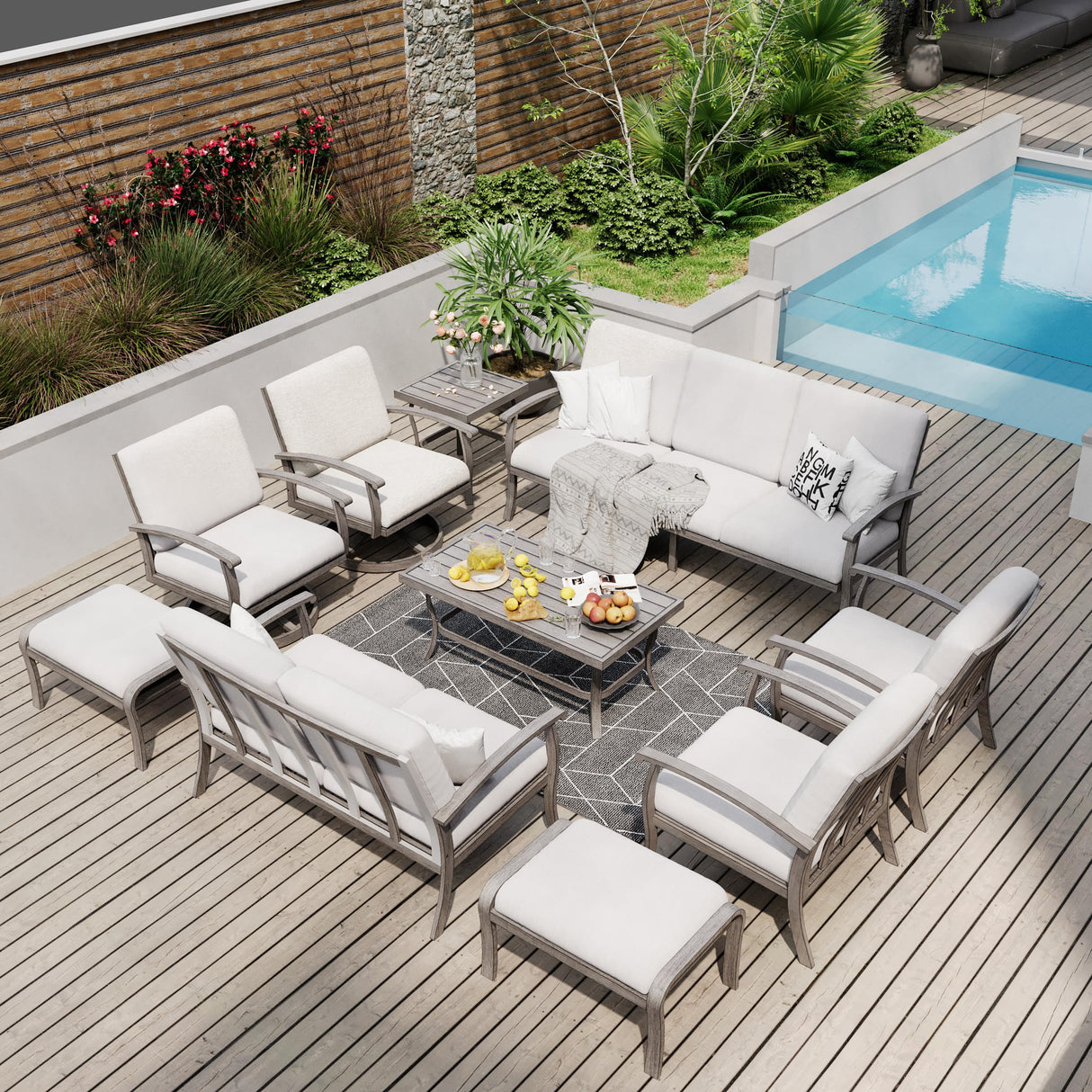 HAPPATIO 10 Piece Aluminum Patio Furniture Set, 3-Seat Outdoor Couch and Loveseat, All-Weather Outdoor Sectional Sofa with Swivel Armchairs and Ottomans, Garden Conversation Set(Gray) HAPPATIO