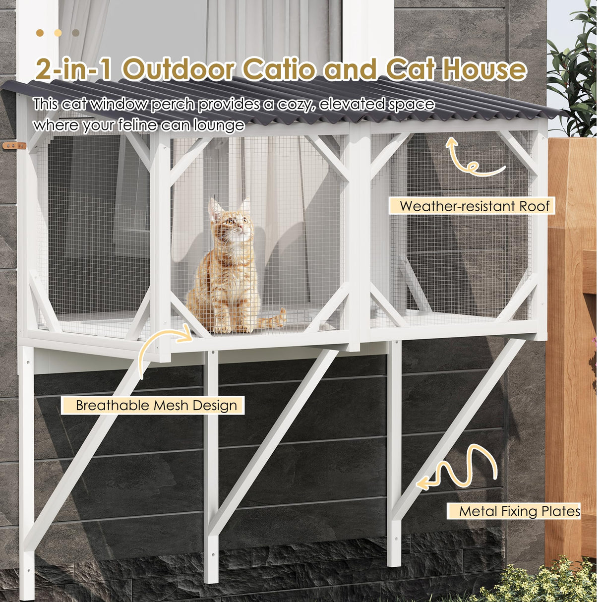 Cat Window Perch, Cat Catio for Large Indoor Cats, Outdoor Pet House Weatherproof, Catio Outdoor Enclosure, Space-Saving Pet Furniture for Window Naps and Sunbathing (Ancient White, 43.3) VKTO