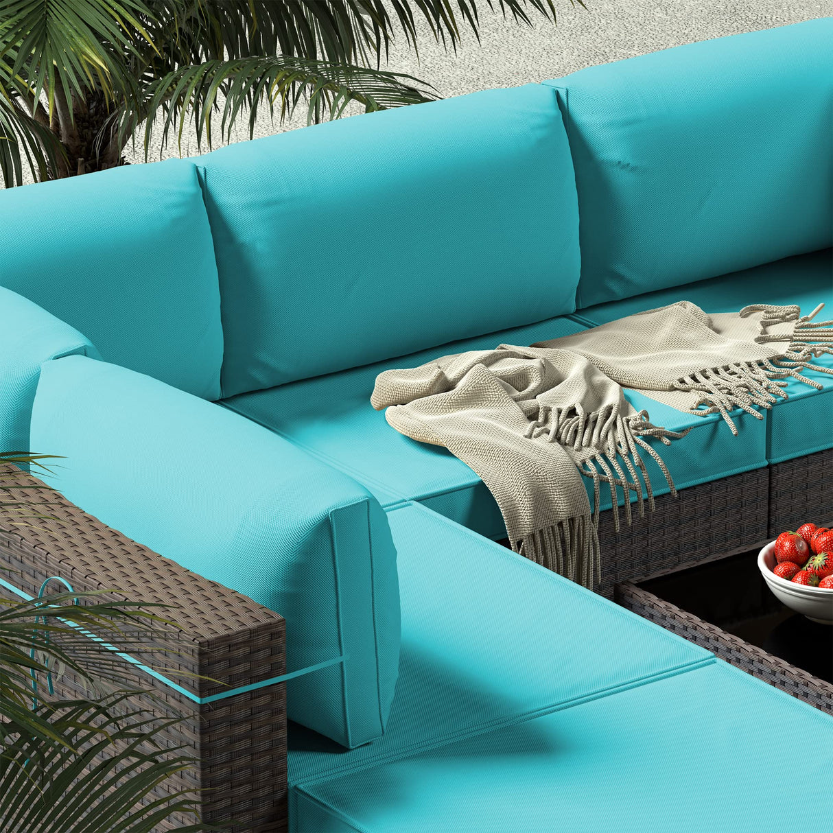 Gotland 7 Pieces Patio Furniture Set with 1 Coffee Table, 6 Seater Wicker Rattan Patio Set with 29.5'' High Backrest Thick Cushions Adjustable Foot Pads, for Porch Deck Garden Green Blue Gotland