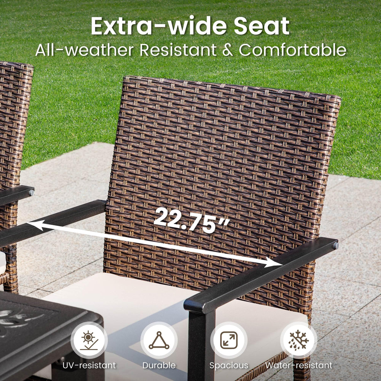 PHI VILLA 5 Pieces Outdoor Dining Set with Umbrella for 4, 37" Square Metal Dining Table & 4 Cushioned Wicker Rattan Chairs with 10ft Beige Umbrella for Patio, Deck, Yard, Porch PHI VILLA