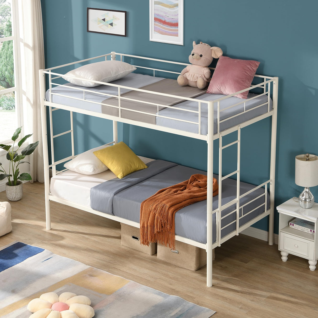 HomJoones Twin Over Twin Metal Bunk Bed with Trundle Heavy Duty Twin Size Metal Bunk Beds Frame with 2 Side Ladders Convertible Bunkbed with Safety Guard Rails,No Box Spring Needed (White2) HomJoones