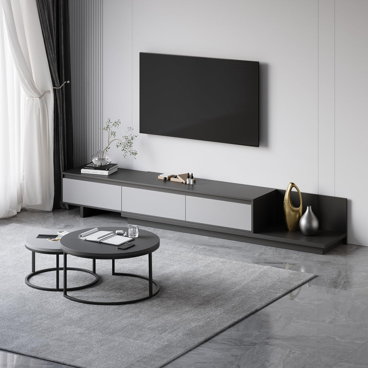 homary Extendable TV Stand & Nesting Coffee Table Set, 2-Piece Modern Entertainment Center with Drawers Set for Living Room (Gray, 78.7" W×15.7" D×13.8" H) homary