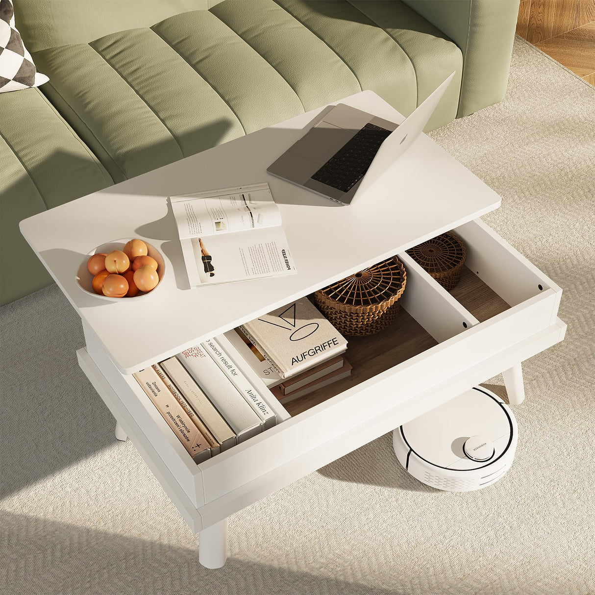 Meilocar Wood Coffee Table, Lift Top Coffee Tablewith Hidden Compartment, Coffee Table for Living Room Reception Room, 39.4in L, White Meilocar