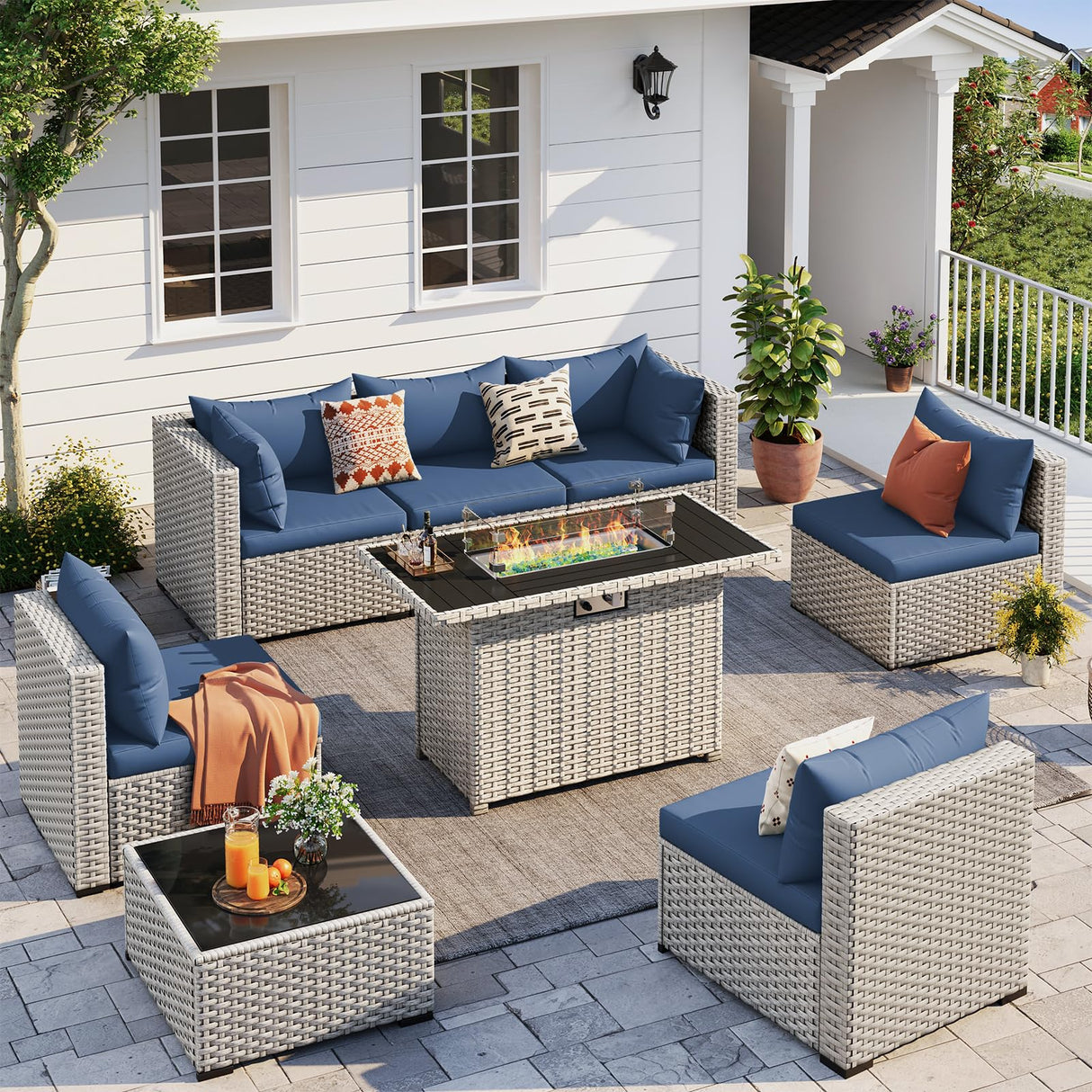 UDPATIO Patio Furniture Set with Fire Pit Table, 8 Pieces Outdoor Sectional Sofa, PE Wicker Patio Conversation Set for Garden, Backyard Blue UDPATIO