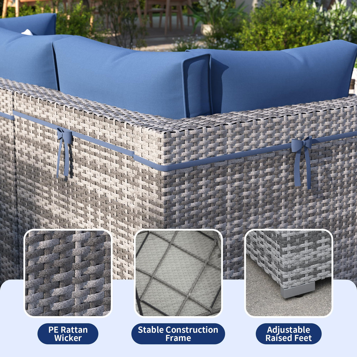 VONZOY Patio Furniture Set, 12-Piece Outdoor Sectional with Free Cover, All-Weather Wicker Patio Conversation Sets for Backyard (Grey with Navy Cushion) VONZOY