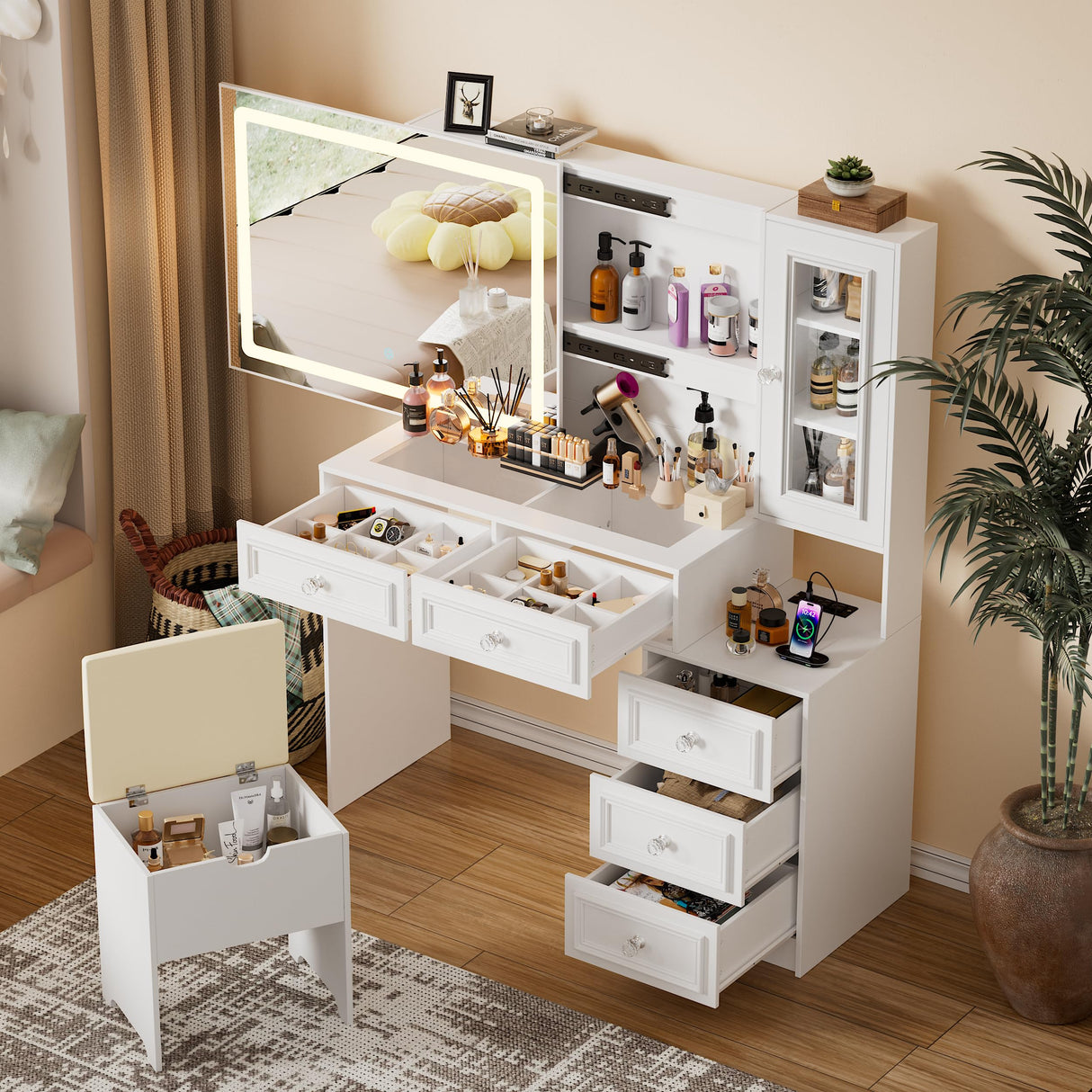 PAKASEPT Vanity Desk with Sliding Mirror and Lights, 44" Makeup Vanity Table with Glass Top, 5 Drawers, Storage Cabinet, 2 Hidden Storage Shelves, Charging Station & Stool Set for Bedroom, White PAKASEPT