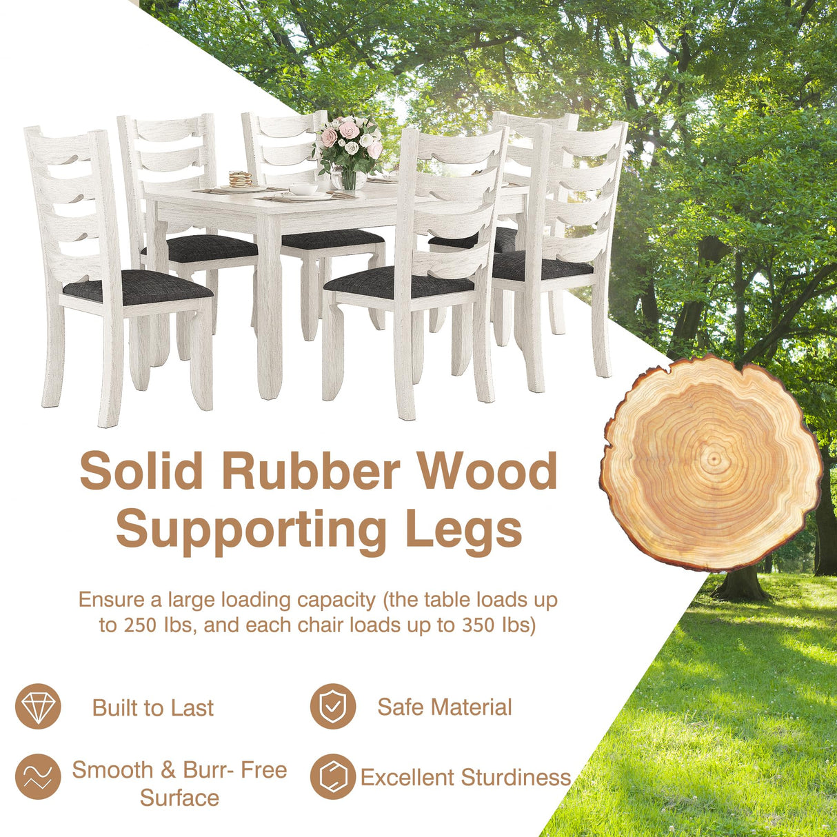 Peatuk 7-Piece Solid Wood Dining Table Set with 6 Upholstered Chairs - Easy Assembly Modern Design for Kitchen & Small Spaces, Durable Wooden Table and Chairs for Dining Room, Kitchen, Light Grey Peatuk