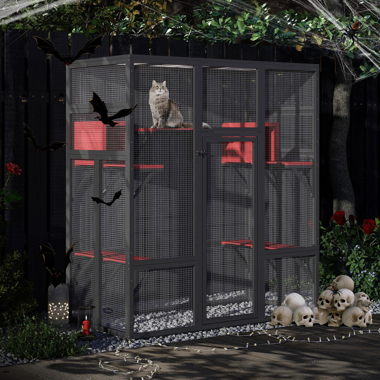 COZIWOW 70Inches Large Spacious Wooden Catio Outdoor Cat Enclosure with Perches and Condos, Cat Cage Indoor with Waterproof Roof, 7 Platforms & 2 Resting Box, UV Resistant (Gothic) COZIWOW